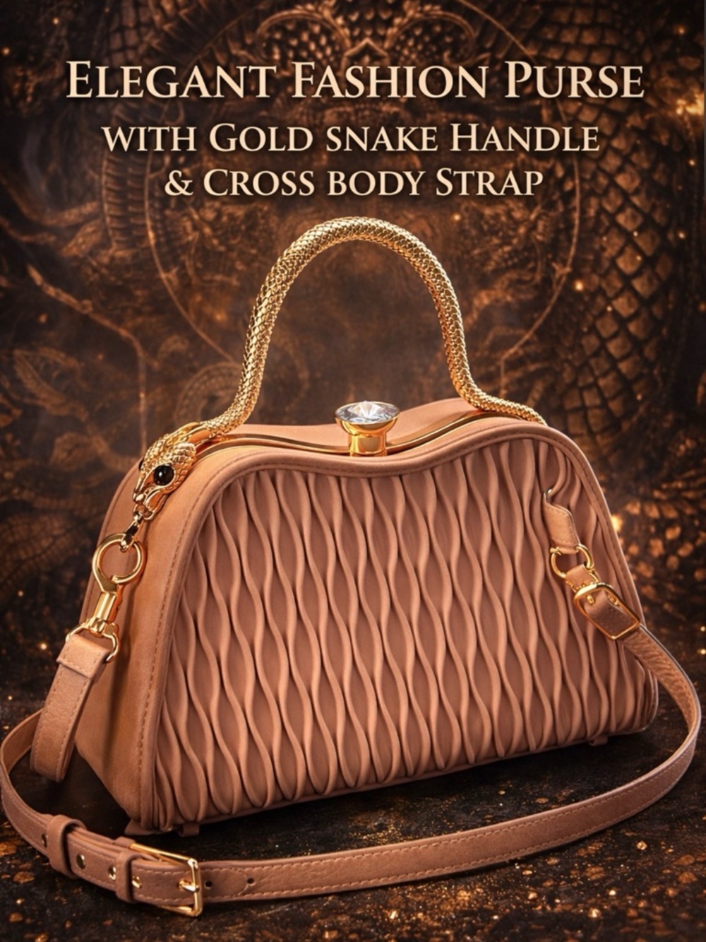 Elegant Gold Snake Handle Tan Women's Fashion Purse with Crossbody Strap